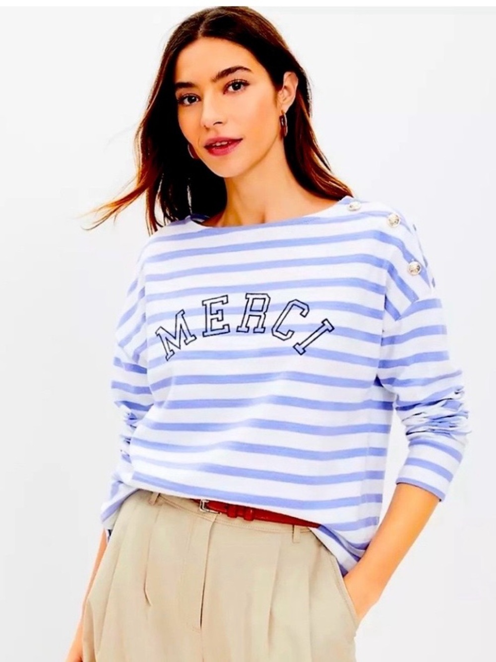 LOFT Striped Merci Graphic Harbor Tee Long Sleeve Boatneck Button Shoulder Top M